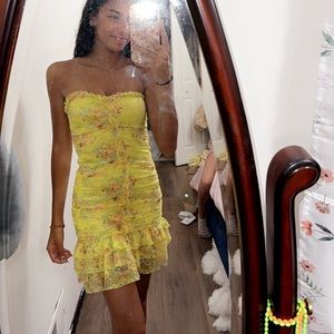 yellow strapless mini dress